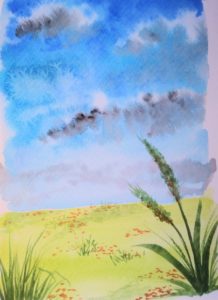 Meadow watercolour with sky